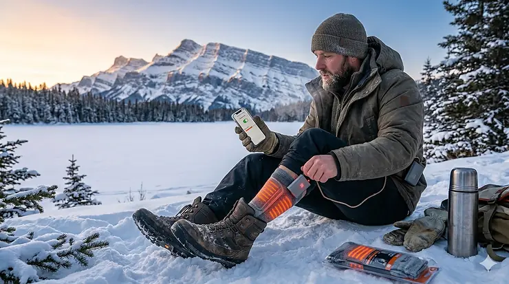 Premium rechargeable heated socks for men shown against a snowy Canadian Rocky Mountain landscape.
