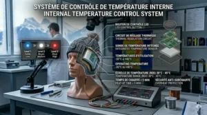 Illustration of a skier wearing a heated toque under a helmet at a Canadian ski resort.