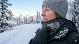 Illustration showing three heat level settings on a heated neck gaiter for customizable Canadian climate comfort. / Illustration montrant les trois niveaux de réglage de la chaleur d'un cache-cou chauffant.