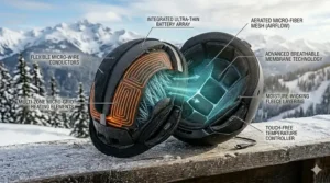 Close-up illustration of the moisture-wicking fabric used in a heated ski helmet liner to prevent sweat buildup during active mountain use.