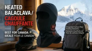 Alt text for illustration 3: Product graphic with bilingual text showing "Cagoule chauffante" and "Heated balaclava," tailored for the Canadian and Quebec market.