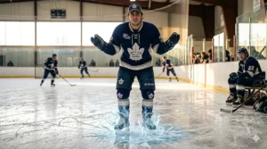 Illustration of a hockey player on ice feeling the cold, showing the need for heated insoles in frigid Canadian rinks.