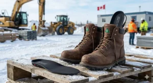 Iconic illustration designed as a compatibility badge for product packaging, signifying the heated insole is suitable for use with CSA Grade 1 protective footwear in Canada. The graphic features a stylized, black and green outline of a standard Canadian work boot with a steel toe cap, with a glowing heated insole visible inside. Surrounding the boot are stylized versions of the required Canadian safety symbols: the CSA Green Triangle and the Orange Omega symbol. A large stylized maple leaf serves as the backdrop, and bold text above reads: 'CSA-APPROVED BOOT COMPATIBLE'. Below, the bilingual text confirms: 'CONVIENT AUX BOTTES DE SÉCURITÉ certifiées CSA / SUITABLE FOR CSA CERTIFIED SAFETY BOOTS'.