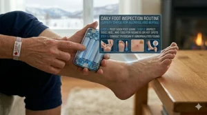 A close-up graphic of a person performing a daily foot inspection after wearing heated socks to ensure no redness or burns occurred, promoting safe usage habits.