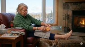 Close-up diagram of a smartphone app interface controlling heated sock temperature to ensure levels remain safe for diabetic neuropathy patients in Canada.