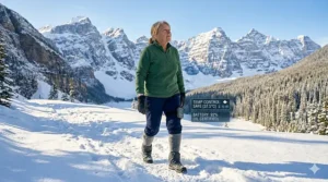 A technical drawing of a hiker on a snowy trail in Banff using battery-operated socks, highlighting safety precautions for diabetic explorers in cold climates.