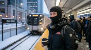 Alt text for illustration 1: A winter commuter in Toronto waiting for the TTC, wearing a heated balaclava to block freezing wind chill.