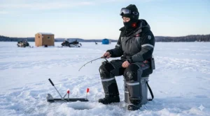Alt text for illustration 4: An angler wearing a battery-powered heated balaclava while ice fishing on a frozen lake in Ontario.