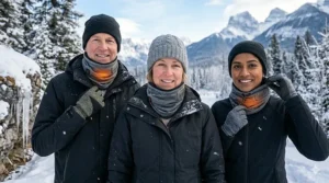 Diverse models demonstrating the adjustable, unisex fit of the heated neck gaiter for all outdoor activities. / Modèles démontrant la coupe unisexe ajustable du cache-cou chauffant.