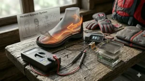 Alt text for image 8: Technical display showing a bilingual "Heated Apparel System" dashboard with real-time temperature tracking in Celsius.