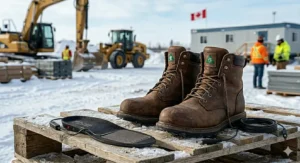 A composite graphic illustration highlighting the diverse industries in Canada where heated insoles for steel toe boots provide essential cold-weather protection. The central graphic is a large stylized maple leaf containing several distinct industrial scenes: 1) a forestry worker felling trees in a snowy landscape with a logging truck; 2) a miner working on a remote oil rig or mine site with heavy machinery in a sub-zero environment; 3) a construction crew building a bridge structure in the winter with an excavator and cranes; and 4) a logistics worker loading cargo at a cold storage port. Bold text above reads: 'VERSATILE USE FOR CANADIAN INDUSTRIES'. Each industry icon includes a small graphic of a work boot with the Green Triangle safety mark.