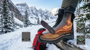 Alt text for image 2: A detailed technical cutaway illustration showing the heating elements and ultra-fine wiring inside high-performance heated insoles.