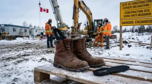 Diagram illustration showing a cross-section of a steel toe work boot with a high-performance heated insole inserted, highlighting the thermal distribution across the footbed. The image displays a heatmap on the insole, with deep orange and red colors at the toe box, ball of the foot, and heel to represent consistent, reliable warmth even in extreme cold conditions (-40°C). White arrows illustrate how heat radiates upward through the layers of the foot, insulating against the cold steel toe cap. Small Canadian maple leaf icons signify the extreme-cold capability. The background is a graphic representation of a rugged Canadian industrial landscape with a large temperature gauge.