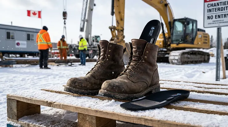 A photorealistic, high-detail 4K photograph taken on a crisp, snowy afternoon at a Canadian construction site. The image captures a rugged pair of brown leather CSA-approved steel toe work boots sitting on a weathered wooden pallet, lightly dusted with snow and ice. A new, black rechargeable heated insole (Arctic Heat brand, with a visible subtle texture and a coiled charging cable) is placed prominently on the pallet beside the left boot. Another identical insole is tucked partially inside the right boot, illustrating the product in use. In the background, there is an active construction site with large yellow excavators, a mobile crane, and workers in high-visibility safety gear. The site is covered in snow, and the light is soft, natural winter sunlight. A distant Canadian flag is flying on a pole near a job site trailer, grounding the scene in Canada. The focus is critically sharp on the leather texture, the snow-dusted pallet, the boots, and the details of the heated insoles, including the charging port and heating element diagram on the surface. Dust motes dance in the cold air.