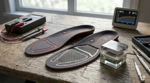 Alt text for image 3: Laboratory testing bench showing heated insoles being monitored for consistent 40°C heat output for extreme Canadian winter conditions.