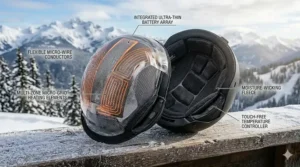 Graphic illustration showing a heated ski helmet liner maintaining warmth at -30 degrees Celsius, ideal for cold Quebec winters.