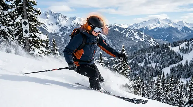 A skier navigating deep powder in Whistler, British Columbia, wearing a heated ski helmet liner for warmth in sub-zero Canadian alpine conditionon of a heated ski helmet liner package featuring bilingual English and French "doublure de casque chauffante" text for the Canadian market.