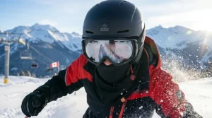 Alt text for illustration 7: Close-up of a skier at Whistler Blackcomb wearing a breathable, moisture-wicking heated balaclava under a helmet.