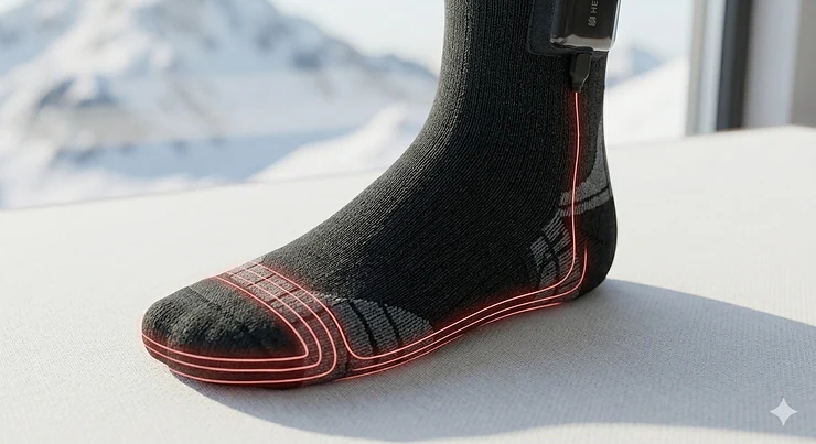 A detailed photorealistic close-up of the ultra-slim lithium-ion battery pack integrated into the top cuff of a dark grey wool-blend heated ski sock, showing its compact design and bulk-free fit for a ski boot.