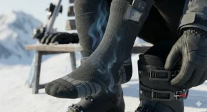 A photorealistic illustration of the retail packaging for a pair of charcoal grey heated ski socks, featuring clear English and French text (EN/FR), a subtle Canadian maple leaf graphic, and a note indicating fast shipping across Canada. The socks stand upright on a weathered wooden surface, with blurred snowy mountains visible through a window in the background.