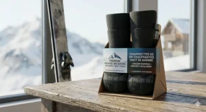 A photorealistic close-up illustration showing a cross-section of a heated ski sock, with faint red lines tracing the integrated carbon fiber heating elements mapping the primary thermal zones around the toes and sole to keep feet warm in extreme cold.