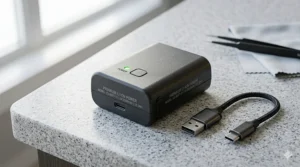 Close-up of a high-capacity lithium-ion battery pack used for long-lasting heated socks for men.