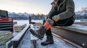 Diagram of moisture-wicking heated socks for men designed to fit comfortably inside winter ski and snowboard boots.