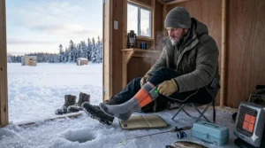 Technical illustration highlighting the carbon fiber thermal heat zones in the toes and soles of heated socks for men.