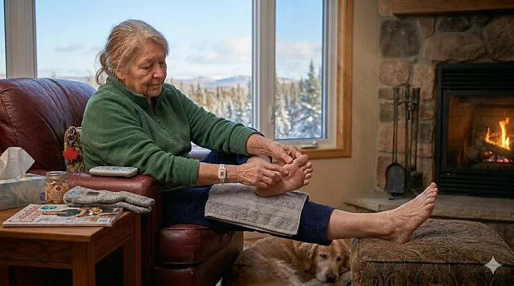 A Canadian senior sitting by a fireplace, wearing specialized heated socks while monitoring foot health with a remote; an informative guide on whether heated socks are safe for diabetics. are heated socks safe for diabetics