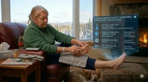 A close-up of a product safety tag featuring English and French (Sécurité) instructions regarding heat settings for users with diabetes.