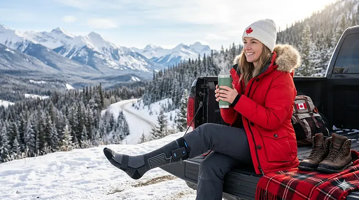 A woman relaxing by a fireplace in a log cabin wearing thick heated socks for women.