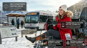 Infographic showing "bas chauffants" (heated socks for women) features for the Canadian market.
