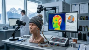 Diagram showing the internal carbon fiber heating elements of the best heated toque for extreme cold.