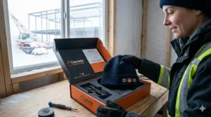 Stylized illustration depicting a heated toque for outdoor workers presented as a thoughtful holiday gift in a snowy Canadian setting. (Cadeau idéal pour travailleurs extérieurs.)