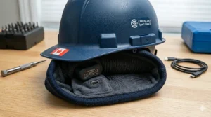 wearing a low-profile heated toque designed for compatibility under a standard safety hard hat. (Tuque chauffante pour travailleurs extérieurs sous casque de sécurité.)