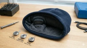 Icon illustration showing the three heat settings—low, medium, and high—controlled by the button on a heated toque for outdoor workers.