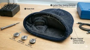A detailed cross-section diagram highlighting the inner thermal lining and carbon fiber heating elements of a heated toque. (Éléments chauffants en fibre de carbone.)