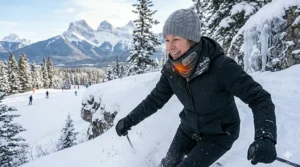 A skier using a heated neck gaiter on a Canadian mountain slope, showcasing winter sports gear. / Un skieur utilisant un cache-cou chauffant sur une pente de montagne canadienne.