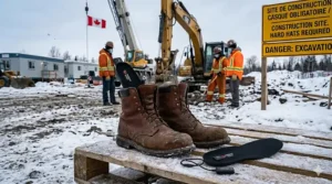 Graphic illustration highlighting the performance of the heated insole's long-lasting battery life, designed for a full industrial work shift in Canada. The illustration depicts a stylized work clock counting from 7:00 AM to 5:00 PM (marked "FULL SHIFT"). Integrated with the clock is a circular progress bar with small battery icons, showing the insole's battery state over the shift. A figure in Canadian high-visibility work wear and hard hat smiles, giving a thumbs-up, while holding a smartphone app showing '10+ HOURS REMAINING' and a full charge status. Small graphics of snowflakes and an oil rig icon emphasize the harsh-environment compatibility and reliability.