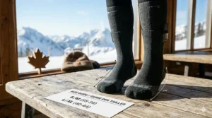 A photorealistic close-up illustration inside a rustic Canadian mountain lodge, focused on a charcoal grey performance heated ski sock (similar in style to those in image_2.png, image_4.png, image_8.png, and image_10.png, with the small battery pocket and indicator LED from image_2.png visible) resting on a weathered wood table. Positioned above the sock is a slim, modern lithium-ion battery pack with a small, glowing LED showing '10+' (representing '10+' hours), and a charging hub. Through a window behind the table, snow-capped peaks are visible, reinforcing the long endurance needed for extreme cold, like that in the Canadian Rockies. Faint, integrated graphics visualize the long battery life. Natural light illuminates the scene, highlighting textures.