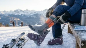 A man ice fishing on a frozen lake in Ontario wearing insulated heated socks for men for extreme cold protection.