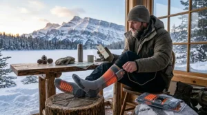 A man relaxing in a rustic Canadian cottage wearing cozy, battery-powered heated socks for men by the fire.
