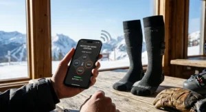 A photorealistic close-up illustration focusing on a dark grey performance heated ski sock, showing a high-detail weave and mesh ventilation panels. Faint stylized graphics and small blue steam lines rising from the sock surface illustrate advanced moisture-wicking and breathability, crucial for comfort and performance in a technical ski boot in cold Canadian climates.