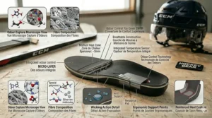 Microscopic view of moisture-wicking and odour-control fabric layers in a technical heated insole for skates.