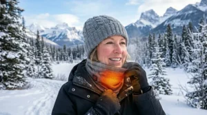 A person wearing a heated neck gaiter while enjoying a snowy Canadian winter day, perfect for cold weather comfort. / Une personne portant un cache-cou chauffant pendant une journée d'hiver canadienne.