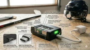 Detailed view of a high-capacity rechargeable battery pack used in professional-grade heated insoles for hockey.