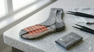 A smartphone interface showing temperature adjustments for Bluetooth-connected heated socks for men.