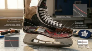 Cross-section diagram of a hockey skate showing the ultra-slim profile of a heated insole with integrated battery.