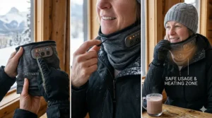 Step-by-step visual guide on how to activate and wear the heated neck gaiter safely. / Guide visuel étape par étape sur la façon d'activer et de porter le cache-cou chauffant en toute sécurité.