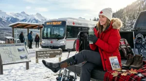 Professional woman waiting for a bus in Toronto wearing stylish boots and warm heated socks.